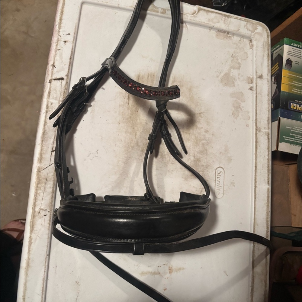 Black Dressage Horse Bridle with Red Crystals